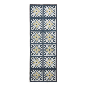 Washable Victoria H1191 Modern Vintage Lotus Floral Tile Mosaic Lightweight Printed Polyester Flatweave Grey/Yellow Rug-Think Rugs-Rug Love - The Most Loved Rug Store
